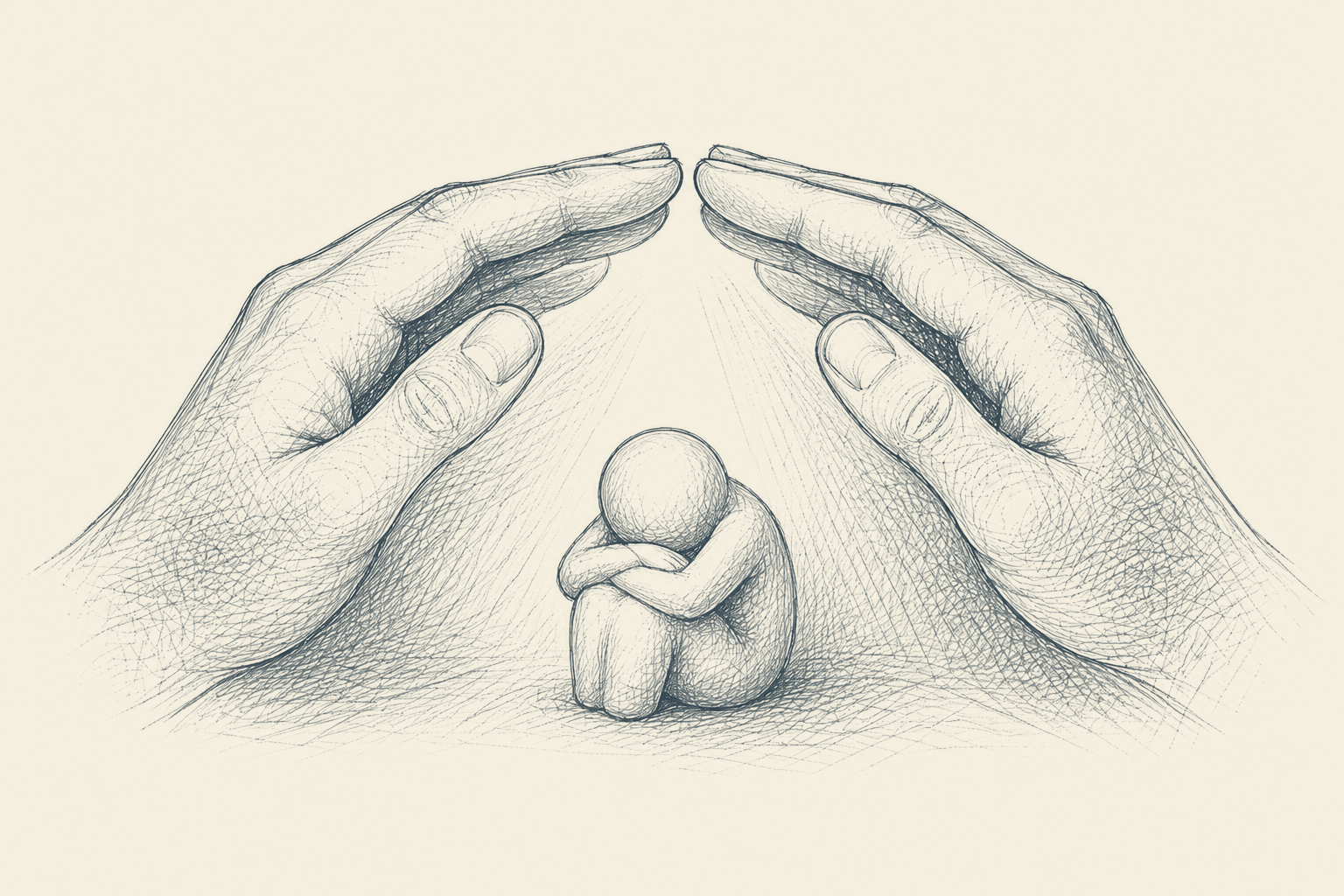 Illustration: schützende Hände über einer zusammengekauerten Figur